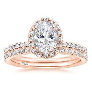 18K Rose Gold .925 Sterling Silver and Diamond Cubic Zirconia Wedding Band Set
